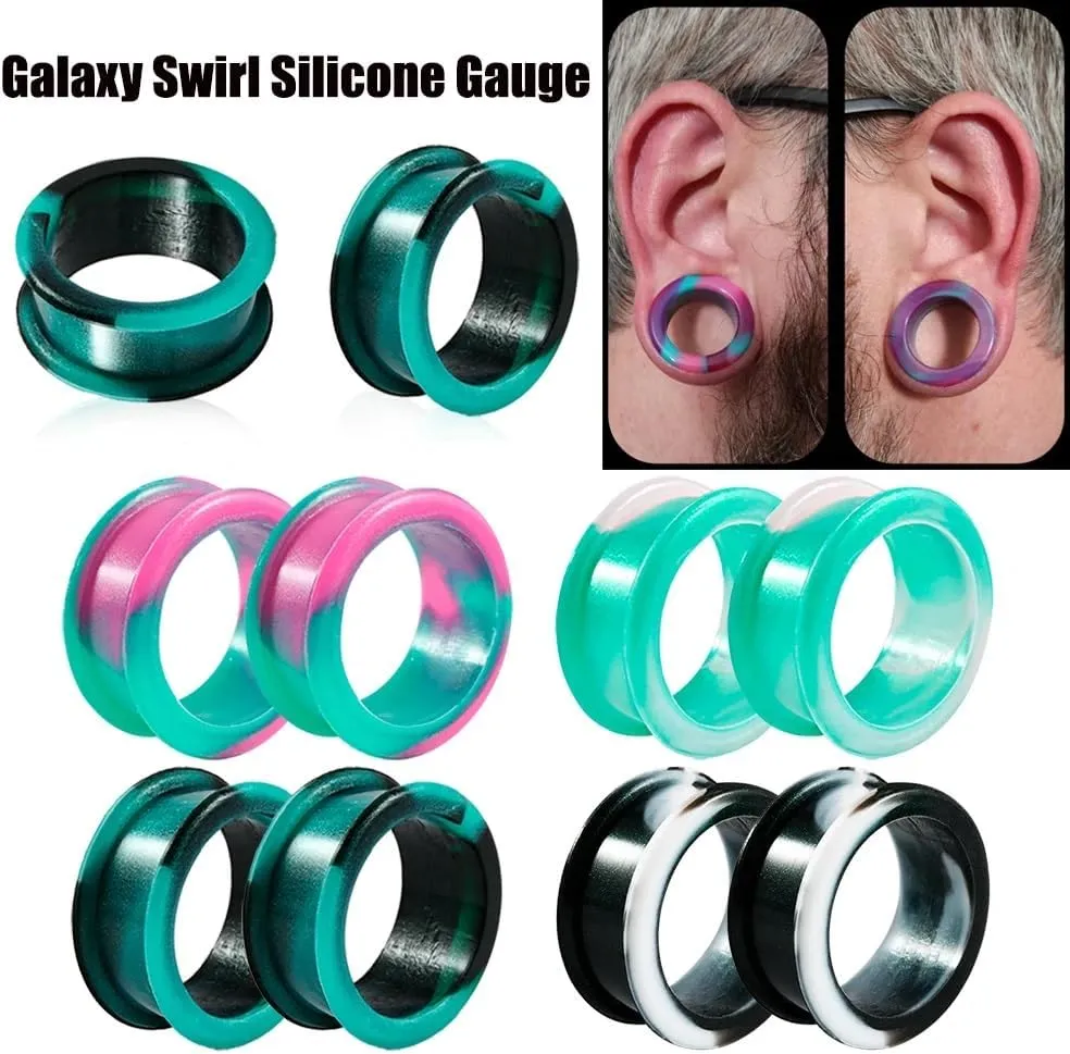 1 Pair Silicone Ear Stretchers Tunnels - Marble Swirl Design, Double Flared Plugs for 8mm-38mm Gauging, Hypoallergenic & Flexible Body Jewelry (Daily Wear/Sensitive Skin)