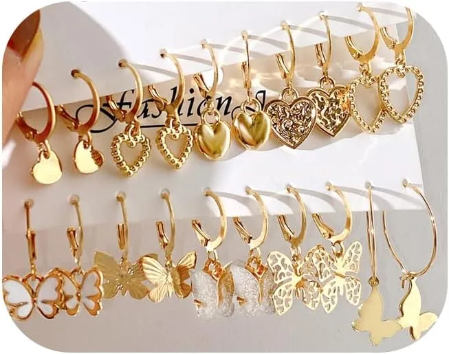 10 Pairs Gold Hoop Earrings Set For Women Multipack,Fashion Hypoallergenic Heart Butterfly Dangle Drop Earrings Packs Piercings Trendy Jewelry Gift