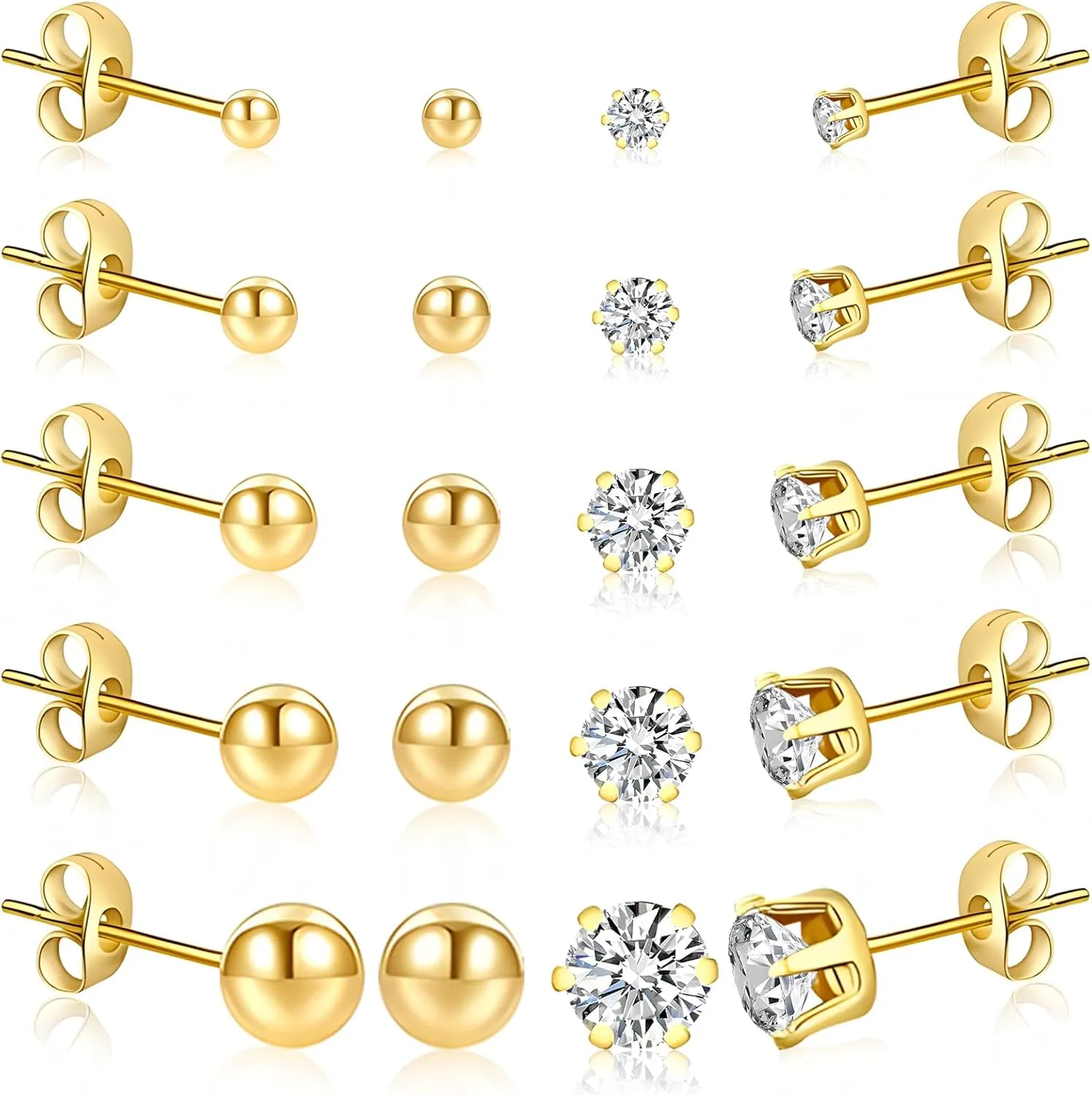 10 Pairs Surgical Stainless Steel Stud Earrings Set for Women Men Hypoallergenic Cubic Zirconia and Ball Earrings Studs for Multiple Piercing