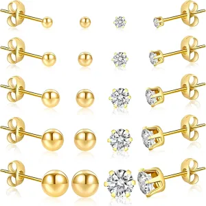 10 Pairs Surgical Stainless Steel Stud Earrings Set for Women Men Hypoallergenic Cubic Zirconia and Ball Earrings Studs for Multiple Piercing