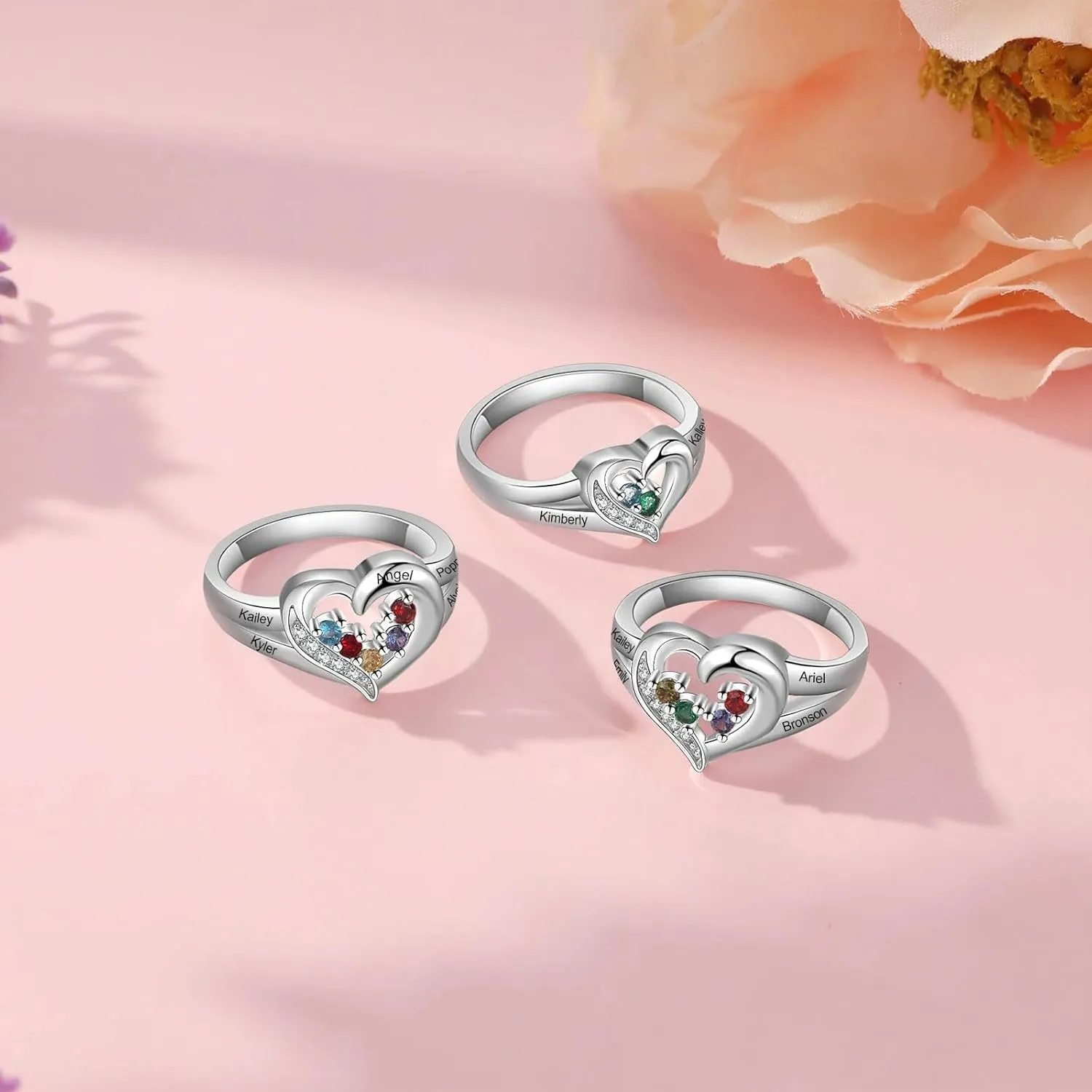 10K 14K 18K Gold Natural Diamond Personalized Mothers Birthstone Ring 2-5 Birthstones Custom Engraved 2-5 Names Heart Promise Ring Jewelry Gift for Mom Wife