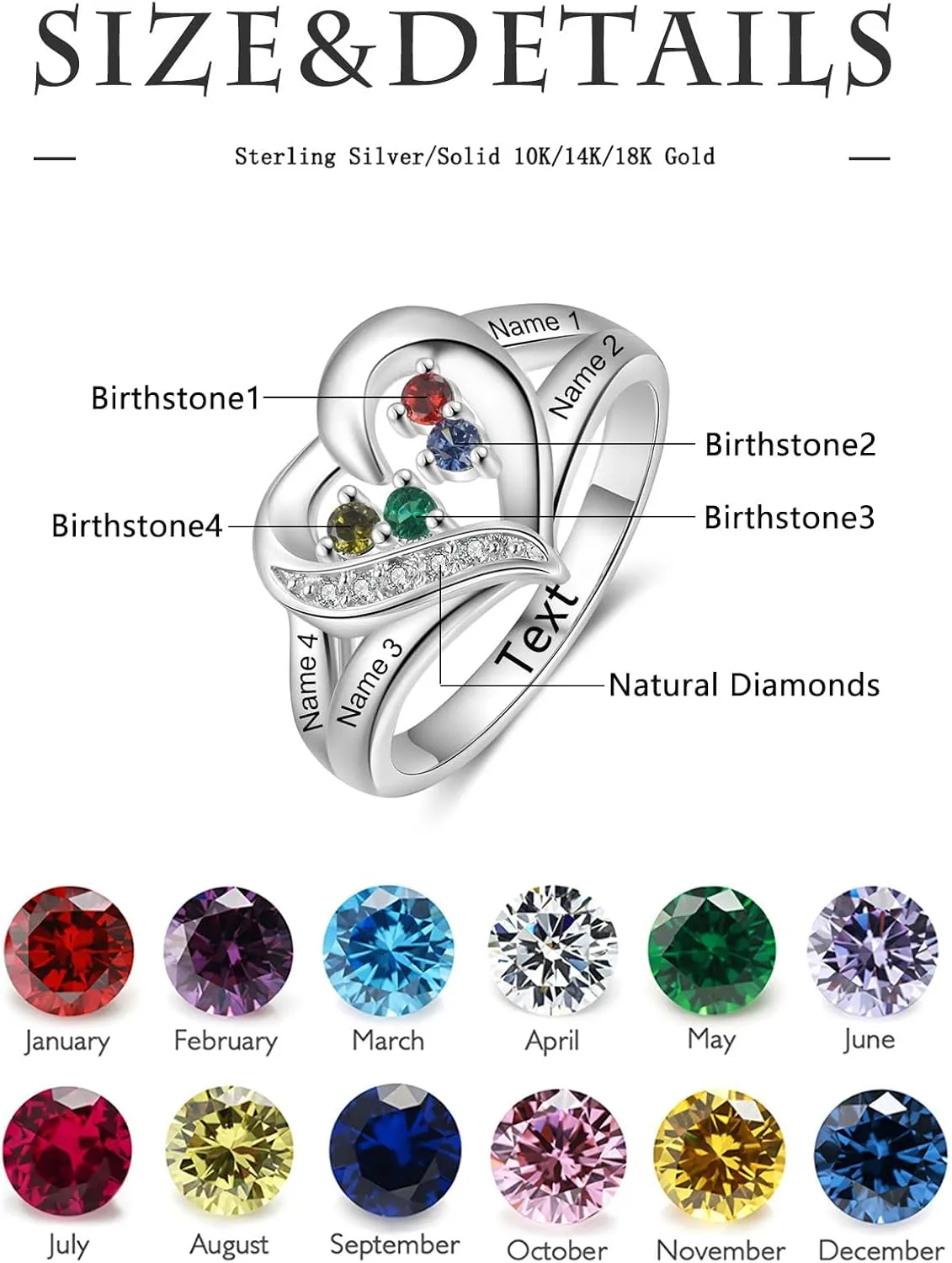 10K 14K 18K Gold Natural Diamond Personalized Mothers Birthstone Ring 2-5 Birthstones Custom Engraved 2-5 Names Heart Promise Ring Jewelry Gift for Mom Wife