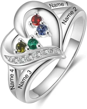 10K 14K 18K Gold Natural Diamond Personalized Mothers Birthstone Ring 2-5 Birthstones Custom Engraved 2-5 Names Heart Promise Ring Jewelry Gift for Mom Wife