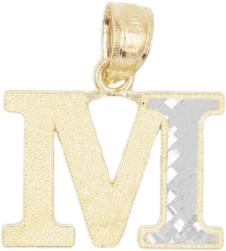 10k Real Solid Gold Two Tone Initial Pendant with Diamond Cut Finish, Available in Different Letters Personalized Letter Jewelry Gifts for Her (M)