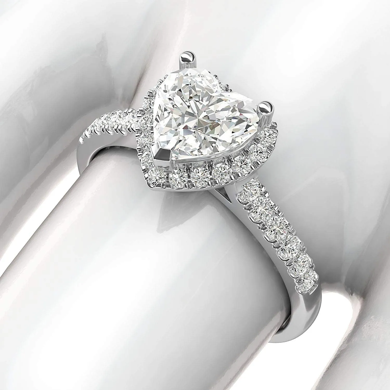 10k White Gold Simulated Heart-shaped Diamond Halo Engagement Ring with Side Stones Promise Bridal Ring