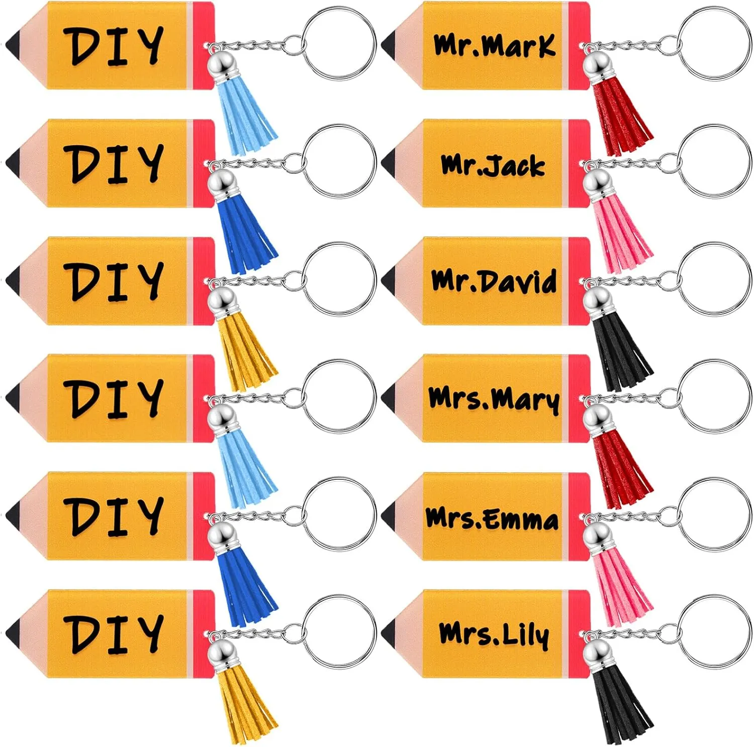 12 Pcs Teachers Appreciation Gifts End of Year Gift Inspirational Pencil Keychains DIY Keychains Charms with Tassel Acrylic Key Rings for Graduation Thank You Teacher
