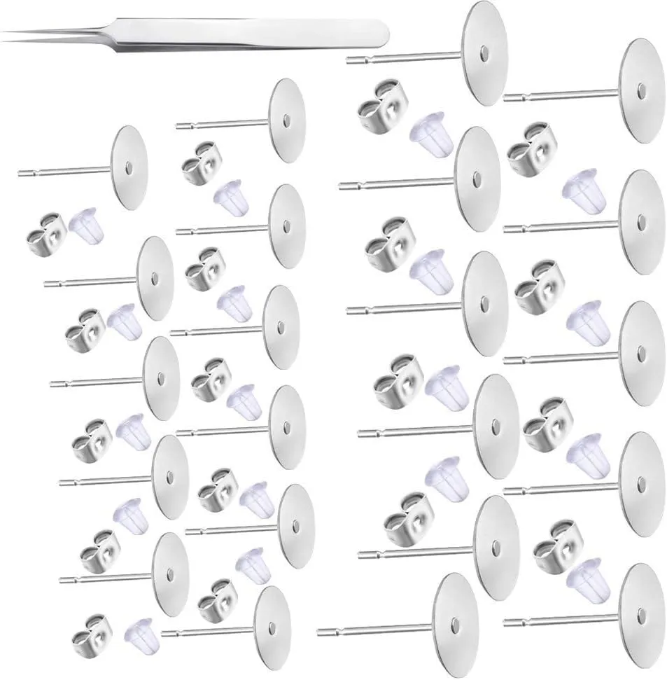1200 PCS 5MM Hypoallergenic Stainless Steel Earrings Posts Flat Pad Blank Earring Pin Studs with Butterfly Earring Backs and Silicone Bullet Earring Backs for Jewelry Making Findings