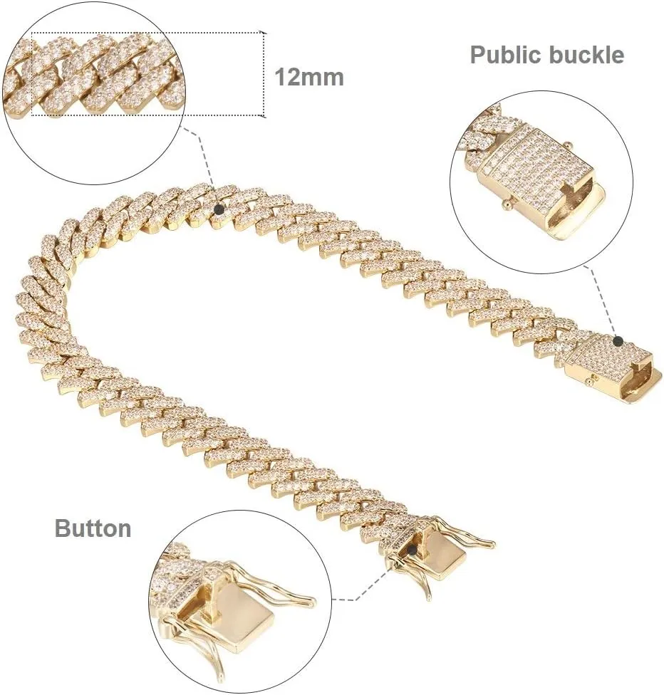 12mm Mens Women Heavy Iced Out Miami Cuban Link Chain or Bracelet 14K Gold White Rose Gold Plated CZ Lab Diamond Hip Hop Jewelry Necklace Choker with Gift Box
