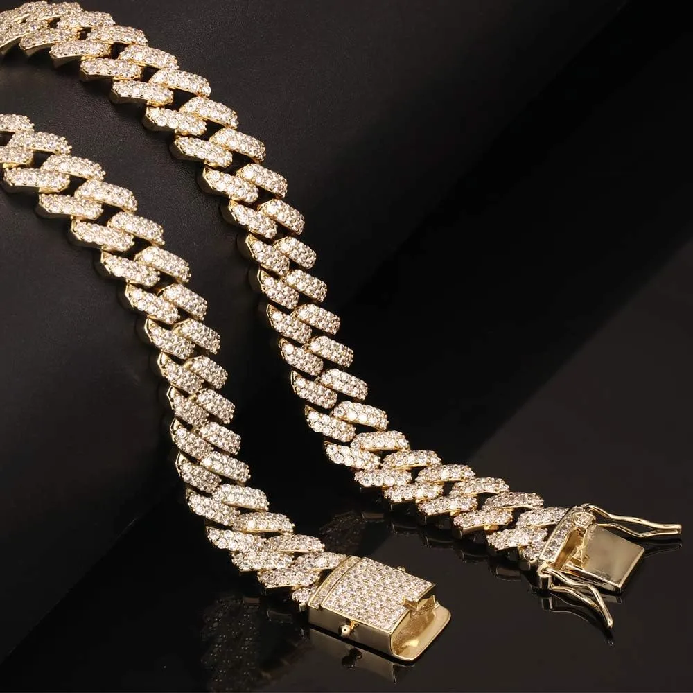 12mm Mens Women Heavy Iced Out Miami Cuban Link Chain or Bracelet 14K Gold White Rose Gold Plated CZ Lab Diamond Hip Hop Jewelry Necklace Choker with Gift Box