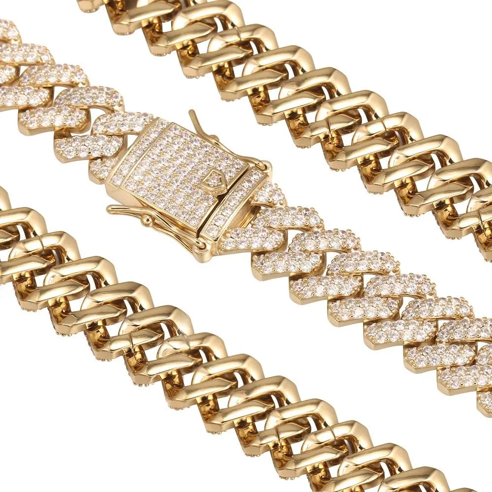 12mm Mens Women Heavy Iced Out Miami Cuban Link Chain or Bracelet 14K Gold White Rose Gold Plated CZ Lab Diamond Hip Hop Jewelry Necklace Choker with Gift Box