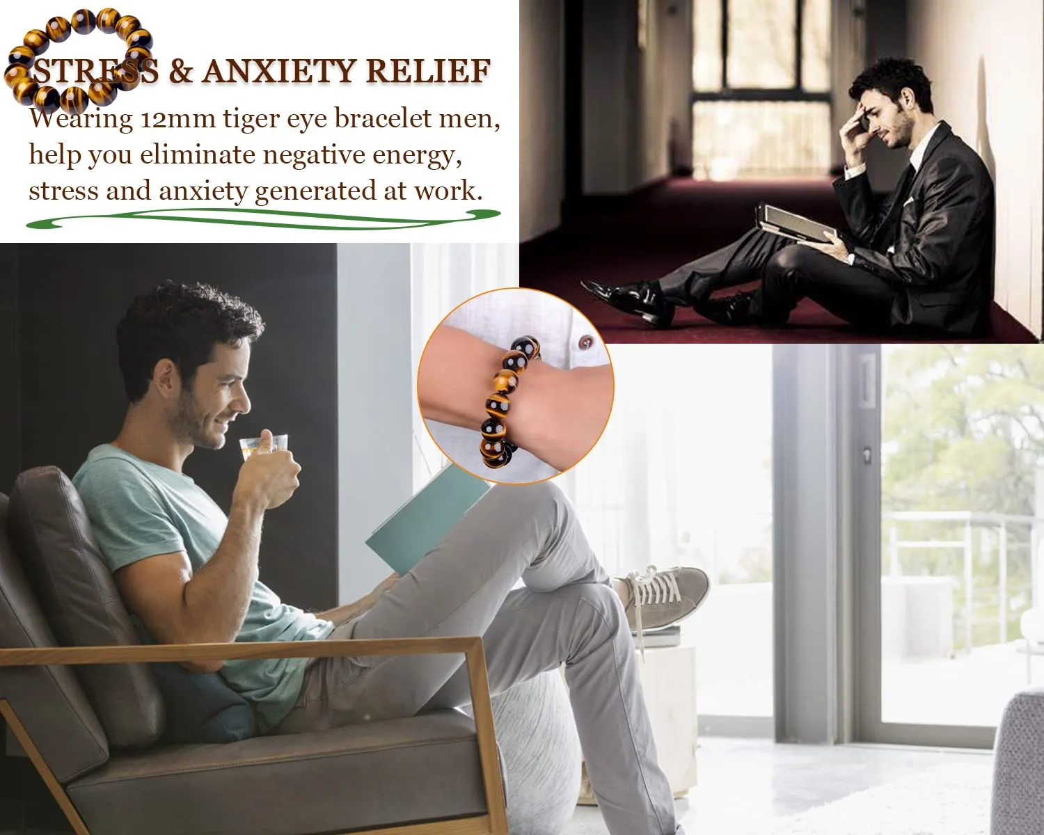 12MM Tigers Eye Mens Bracelet | Fits for About 9 inch XLarge Wrist | Natural Solar Plexus Chakra Gemstones with Golden Brown Cats Eye| Bring Luck Wealth Courage | Protection from Evil