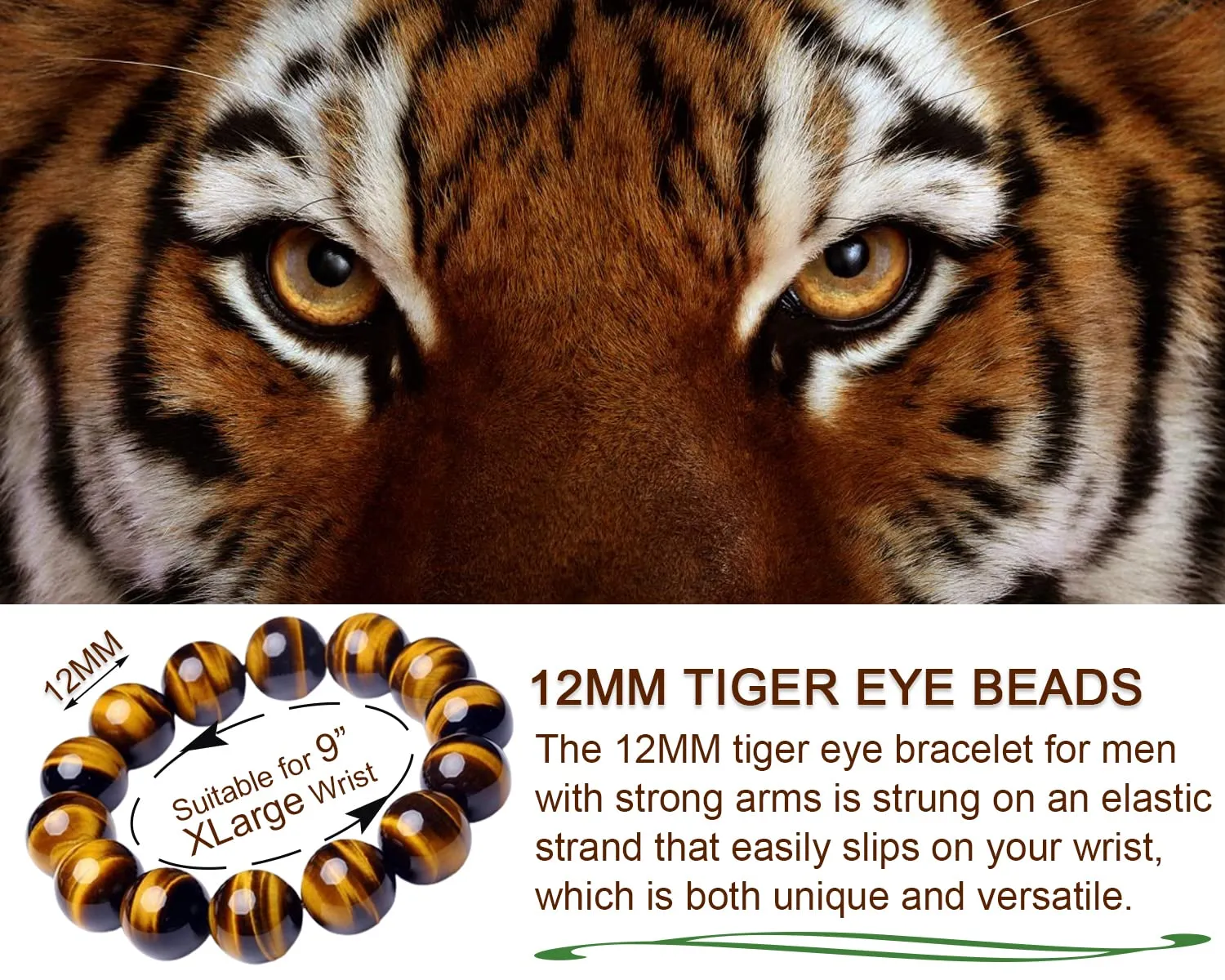 12MM Tigers Eye Mens Bracelet | Fits for About 9 inch XLarge Wrist | Natural Solar Plexus Chakra Gemstones with Golden Brown Cats Eye| Bring Luck Wealth Courage | Protection from Evil