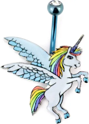 14G 316L Stainless Steel Blue Anodized Pegasus Rainbow Unicorn Belly Button Ring