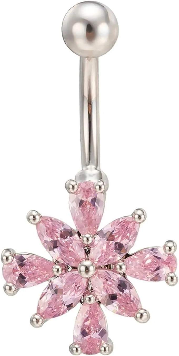 14G Belly Ring for Women, Belly Button Piercing Belly Button Jewelry Surgical Steel Elegant Flower with White/Pink/Red Cubic Zirconia Belly Button Jewelry