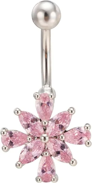 14G Belly Ring for Women, Belly Button Piercing Belly Button Jewelry Surgical Steel Elegant Flower with White/Pink/Red Cubic Zirconia Belly Button Jewelry