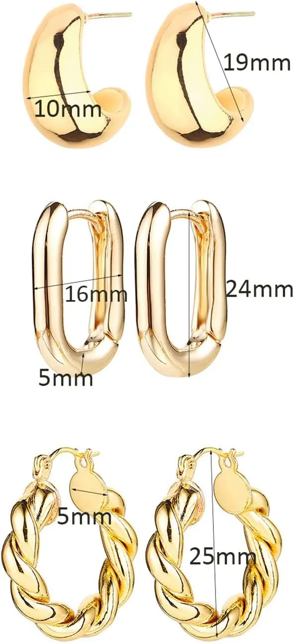 14K Gold Hoop Earrings for Women, Hypoallergenic Chunky Gold Hoop Earrings Multipack, Lightweight Twisted Huggie Hoops Earring Set Jewelry for Gifts
