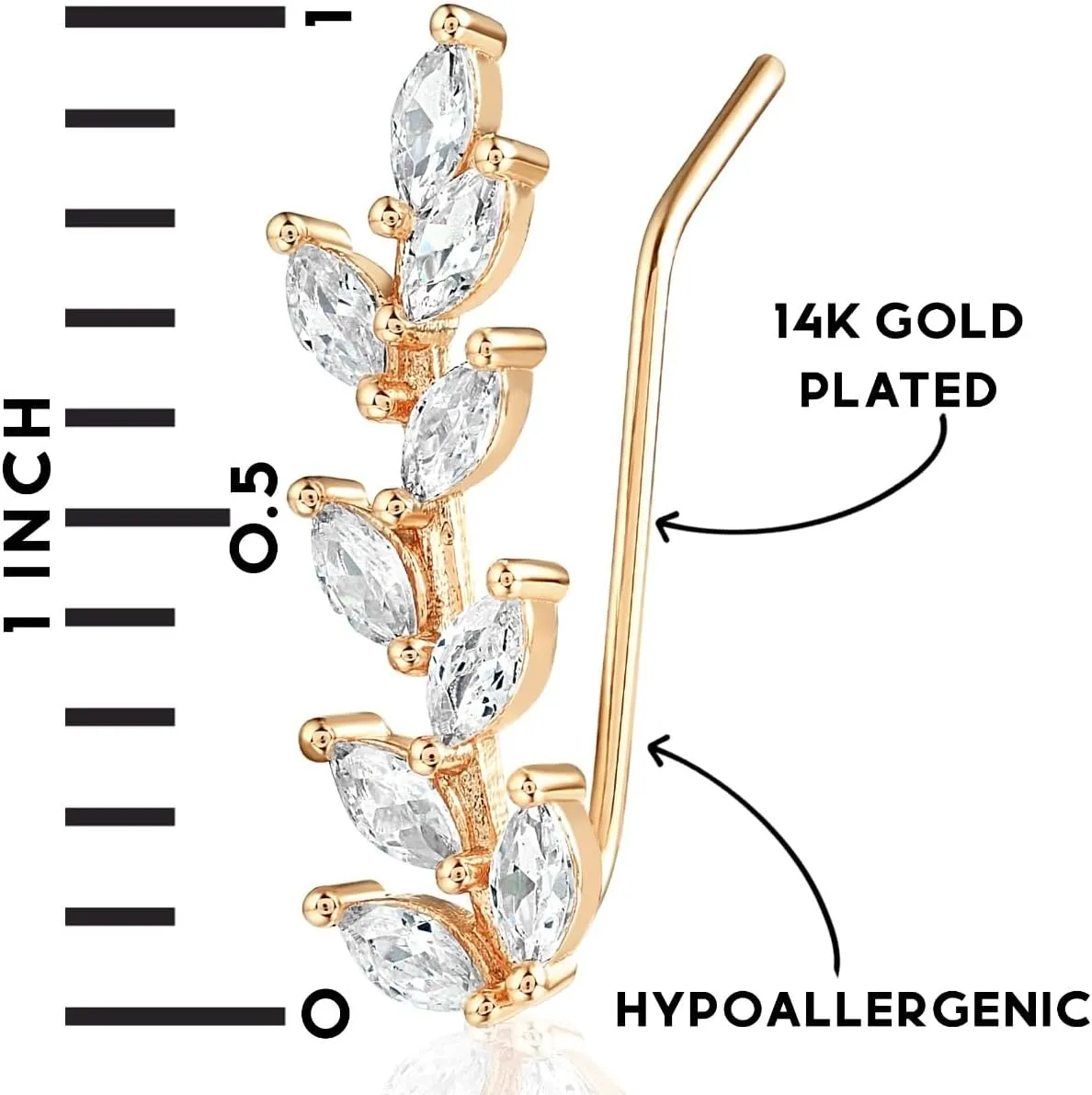 14K Gold Plated or Silver Tone Ear Crawler Earrings for Women - Crystal Leaf Ear Climber Earrings - Hypoallergenic, Safe for Sensitive Ears