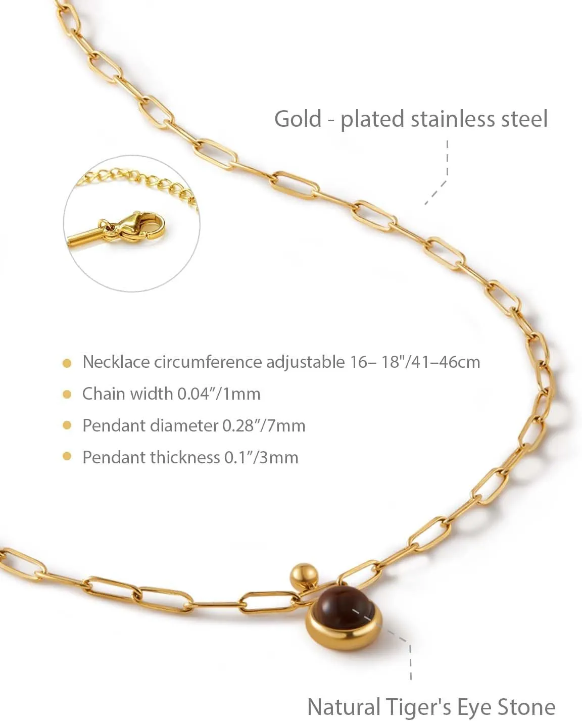 14K Gold Plated Tiger Eye Natural Stone Pendant Necklace for Women, Stainless Steel Chain, Fade-Resistant, Elegant Gift for Her