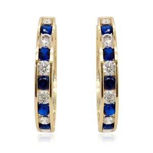 14k Gold Round Sapphire and Clear CZ Hoop Earrings