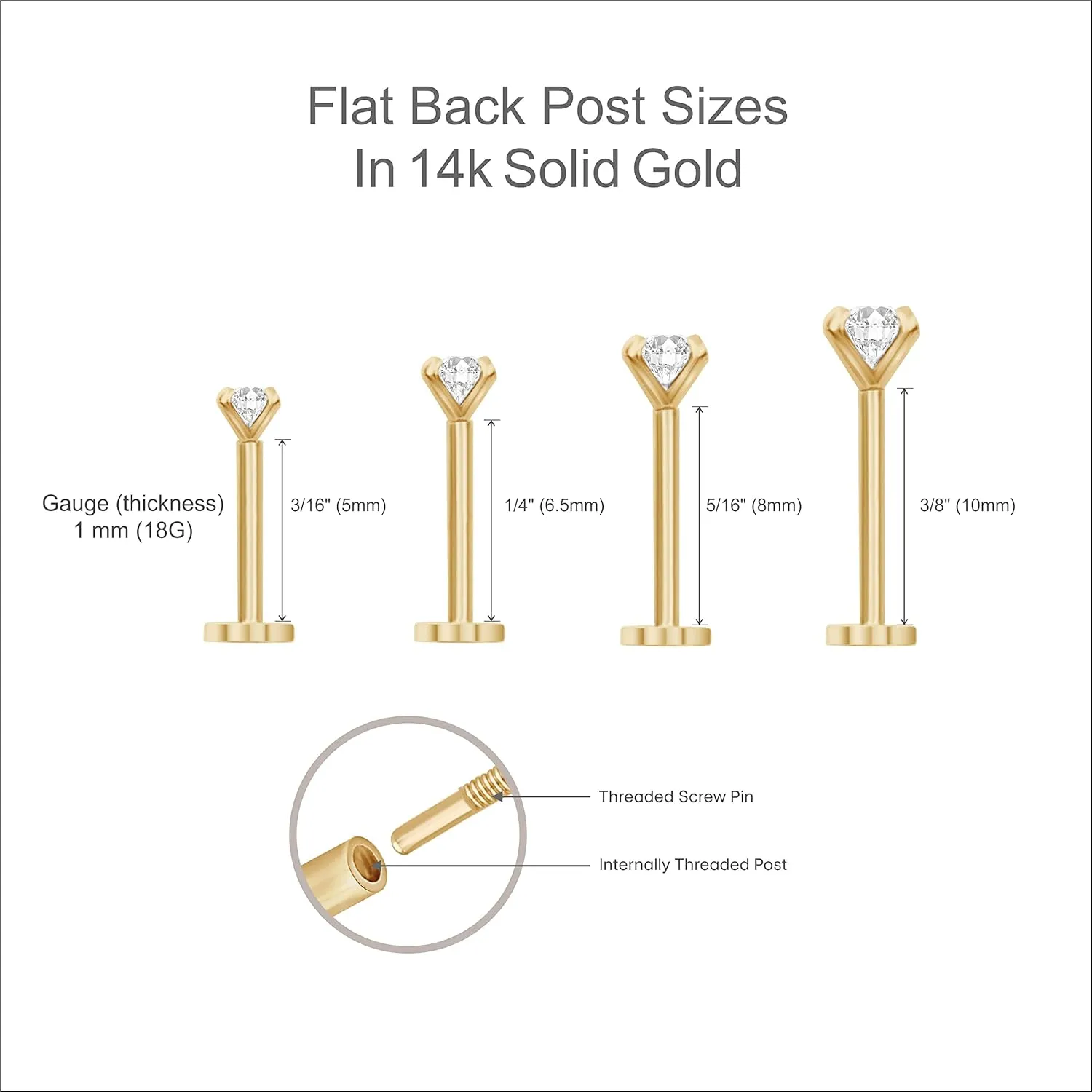 14K Solid Gold 1/4 Carat Natural Diamond Solitaire Stud Earring for Women Flat Back Earring Threaded Cartilage Conch Tragus Helix Piercing Jewelry Nose Ring Earring for Upper Ear SINGLE STUD or PAIR