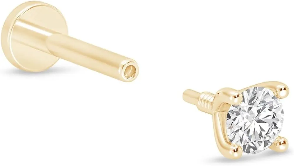 14K Solid Gold 1/4 Carat Natural Diamond Solitaire Stud Earring for Women Flat Back Earring Threaded Cartilage Conch Tragus Helix Piercing Jewelry Nose Ring Earring for Upper Ear SINGLE STUD or PAIR