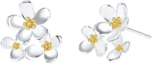 14K White Gold Plated Lucky Daisy Flower Stud Earrings In 925 Sterling Silver Floral 2 Tone Design Cute Jewelry Gift For Her Women Wife Sister Friendship