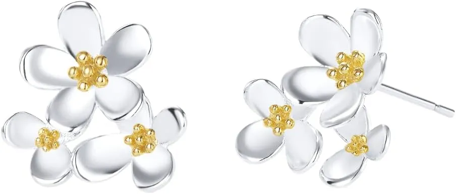 14K White Gold Plated Lucky Daisy Flower Stud Earrings In 925 Sterling Silver Floral 2 Tone Design Cute Jewelry Gift For Her Women Wife Sister Friendship