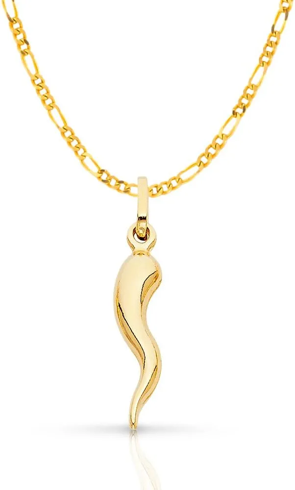 14K Yellow Gold Cornicello Italian Horn Necklace Good Luck Charm Pendant with 1.9mm Figaro 3 1 Chain