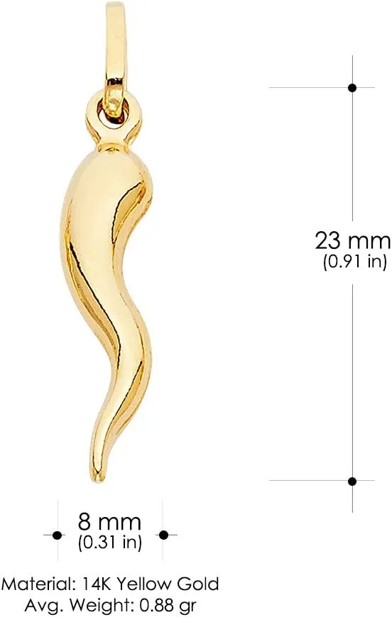 14K Yellow Gold Cornicello Italian Horn Necklace Good Luck Charm Pendant with 1.9mm Figaro 3 1 Chain