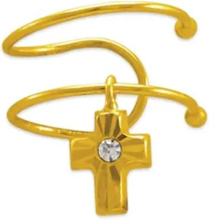 14k Yellow Gold Cross Cuff Earring Diamond Cut ONE PIECE - Nice White CZ - Elegant Christmas Jewelry Gift for Women and Her