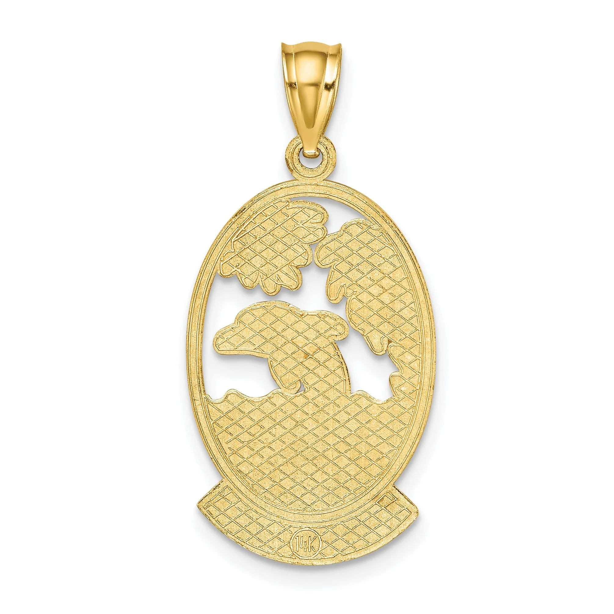 14K Yellow Gold Polished Finish Flat Back Saint MARTIN With Dolphin Sunset Design In Oval Shape Frame Charm Pendant