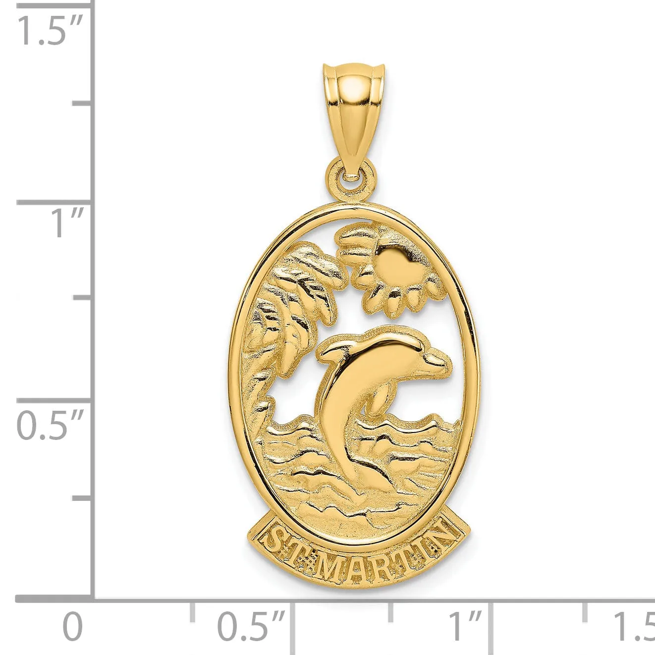 14K Yellow Gold Polished Finish Flat Back Saint MARTIN With Dolphin Sunset Design In Oval Shape Frame Charm Pendant