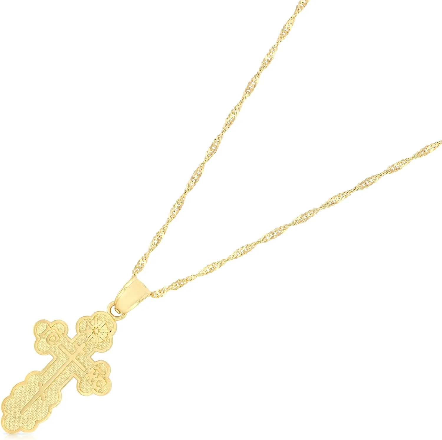 14K Yellow Gold St. Olga Greek Orthodox Baptismal Cross Pendant with 1.2mm Singapore Chain Chain Necklace