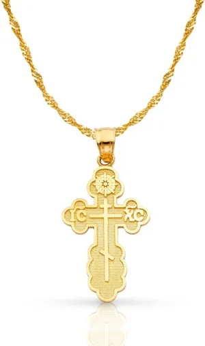 14K Yellow Gold St. Olga Greek Orthodox Baptismal Cross Pendant with 1.2mm Singapore Chain Chain Necklace