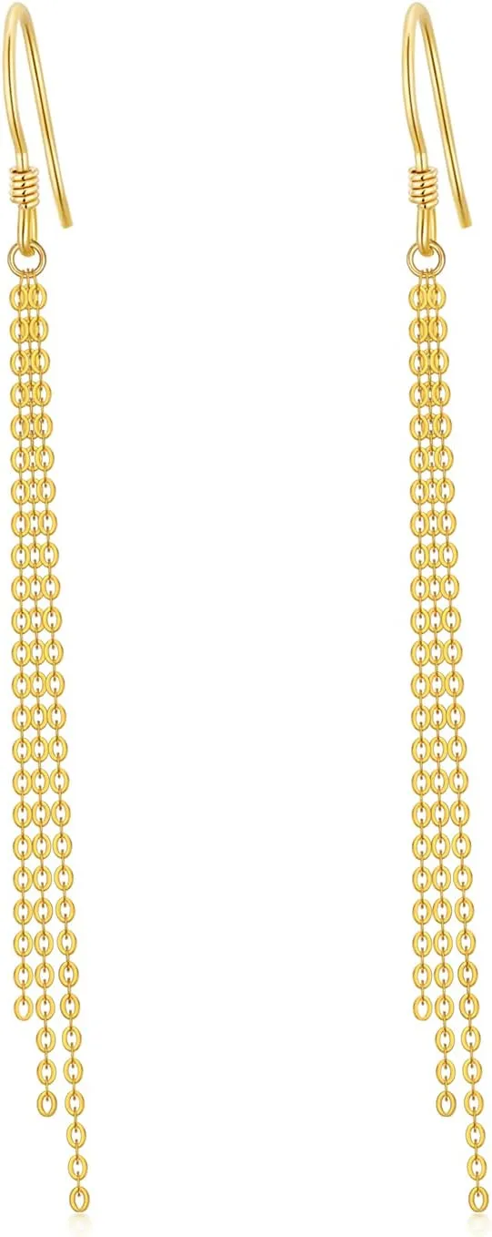 14K Yellow Gold Tassel Chain Drop Earrings for Women, Real Gold Dangle Hook Earrings Anniversary Jewelry Gift for Her, Wife, Mom, Girlfriend
