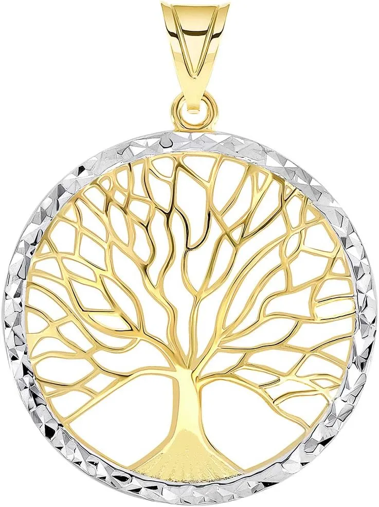 14k Yellow Gold Textured Round Elegant Two Tone Tree of Life Medallion Pendant with Figaro Chain Necklace