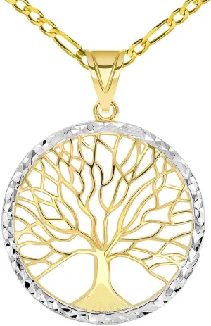 14k Yellow Gold Textured Round Elegant Two Tone Tree of Life Medallion Pendant with Figaro Chain Necklace