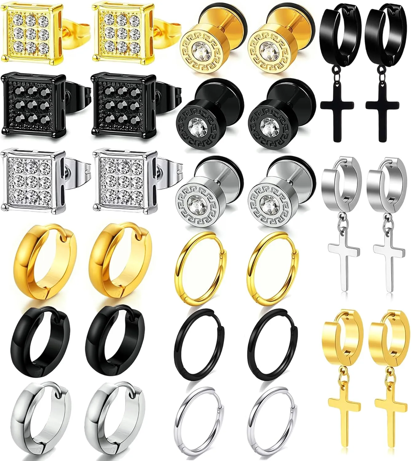 15 Pairs Earrings Set for Men and Women, Black Silver 14K Gold Plated Earrings Stud Kit 5 Pairs of Each Fashion Ear Piercing Jewelry Cross Dangle Hoop Earrings Set