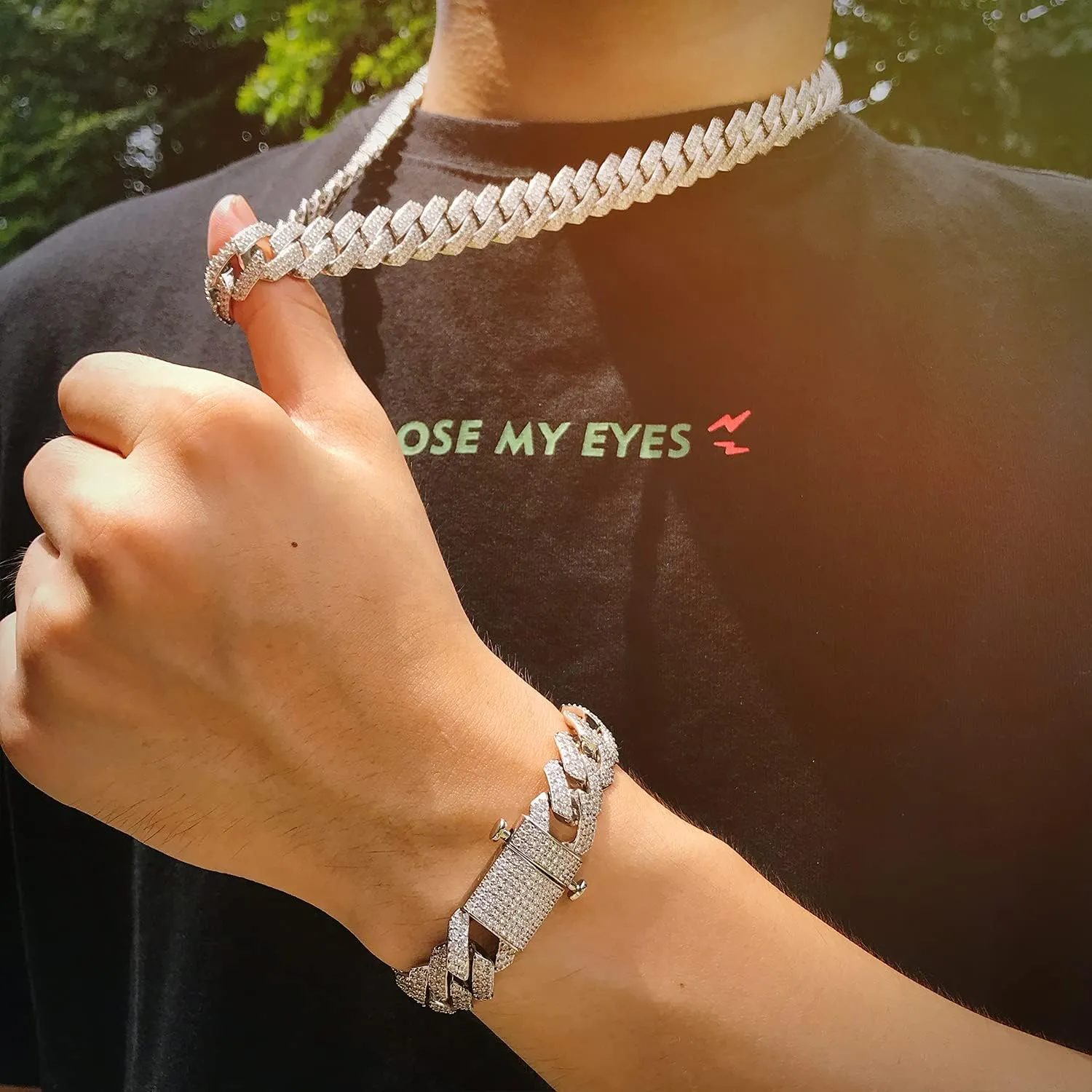 15mm Full Iced Out Chain Mens Miami Cuban Link Chain Necklace Bling Diamond Necklace or Bracelet Hip Hop Jewelry for Men Women 18K Gold/White/Rose Gold Plated CZ