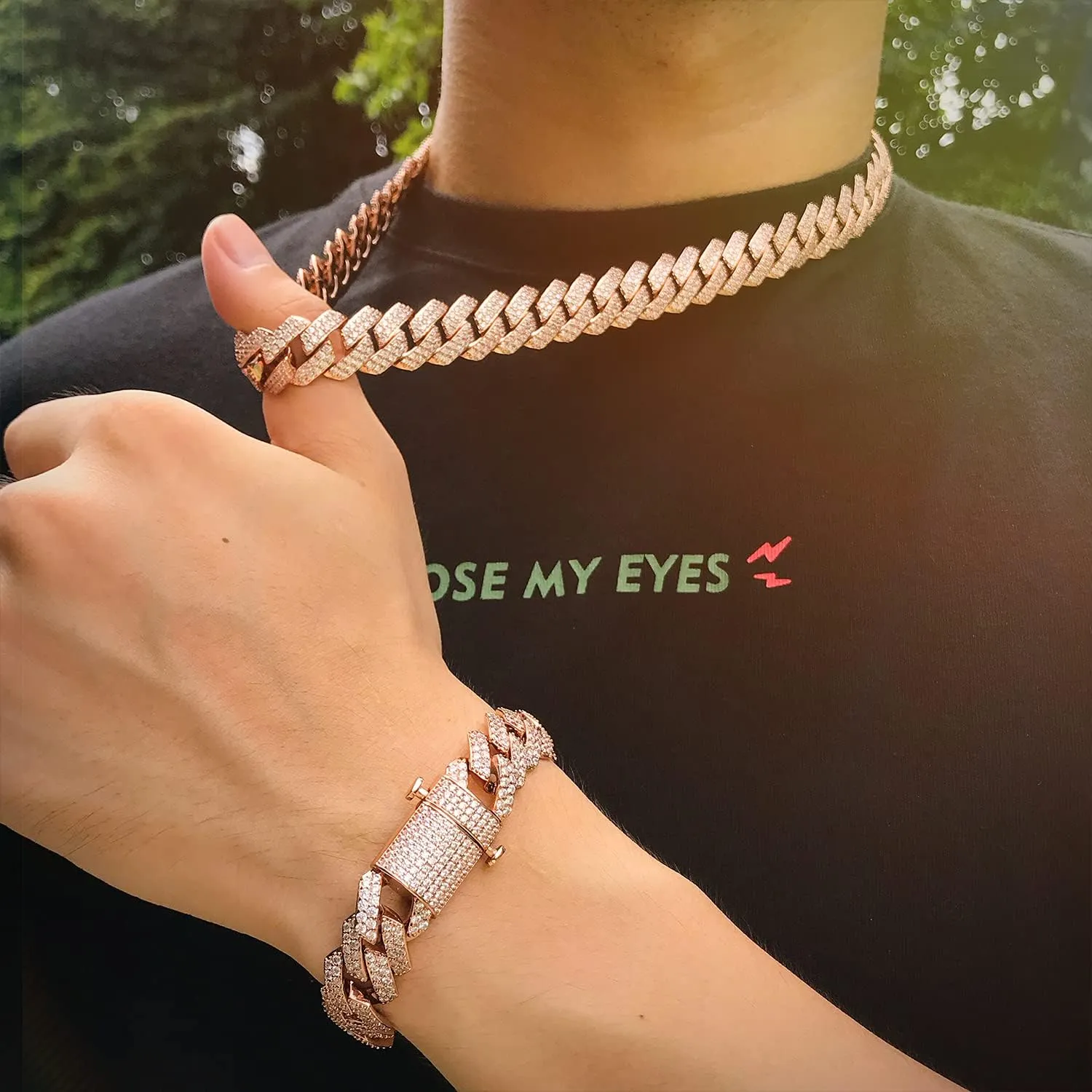 15mm Full Iced Out Chain Mens Miami Cuban Link Chain Necklace Bling Diamond Necklace or Bracelet Hip Hop Jewelry for Men Women 18K Gold/White/Rose Gold Plated CZ