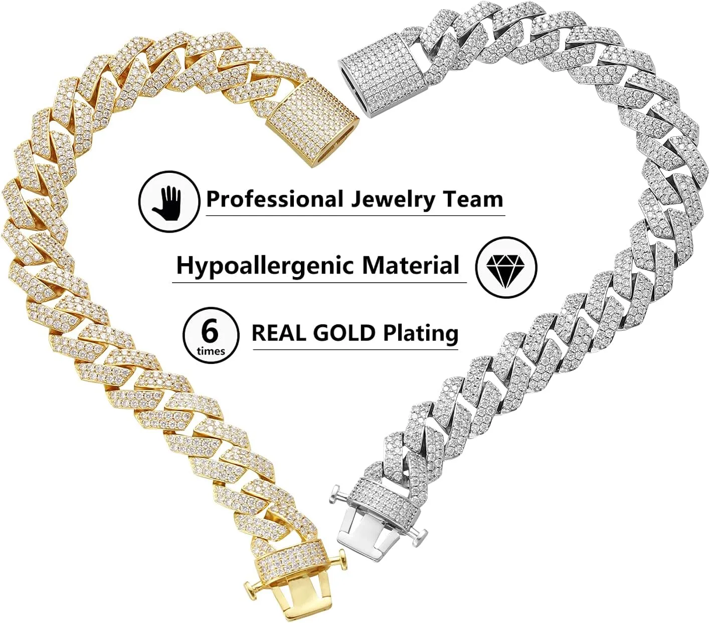 15mm Full Iced Out Chain Mens Miami Cuban Link Chain Necklace Bling Diamond Necklace or Bracelet Hip Hop Jewelry for Men Women 18K Gold/White/Rose Gold Plated CZ
