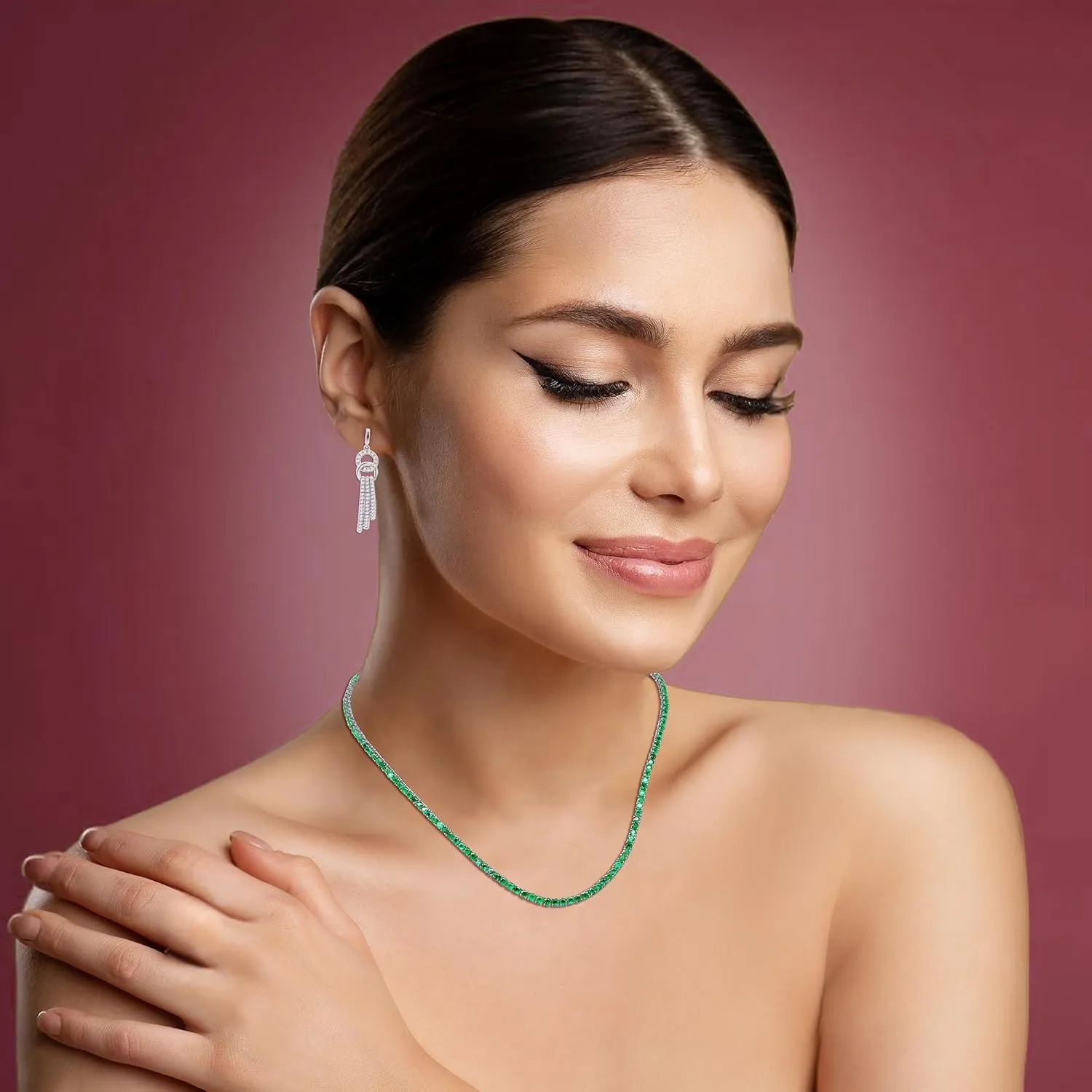16 Carat Round Cut Natural Emerald Diamond Tennis Necklace in 14K Gold Taurus Zodiac Sign Stone, 17" inch