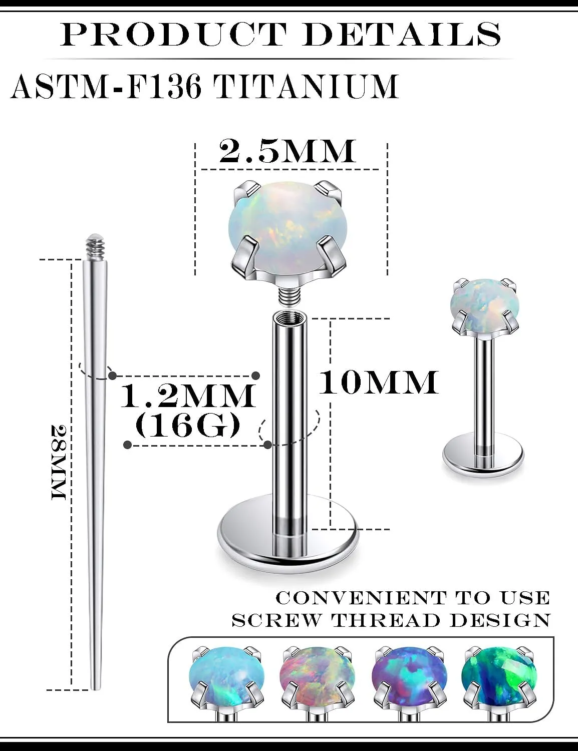 16G F136 Titanium Lip Rings Labret Jewelry Internally Threaded Monroe Lip Ring Medusa Snake Bite Piercing Jewelry Conch Tragus Forward Helix Cartilage Earring Studs Piercing Jewelry Opal