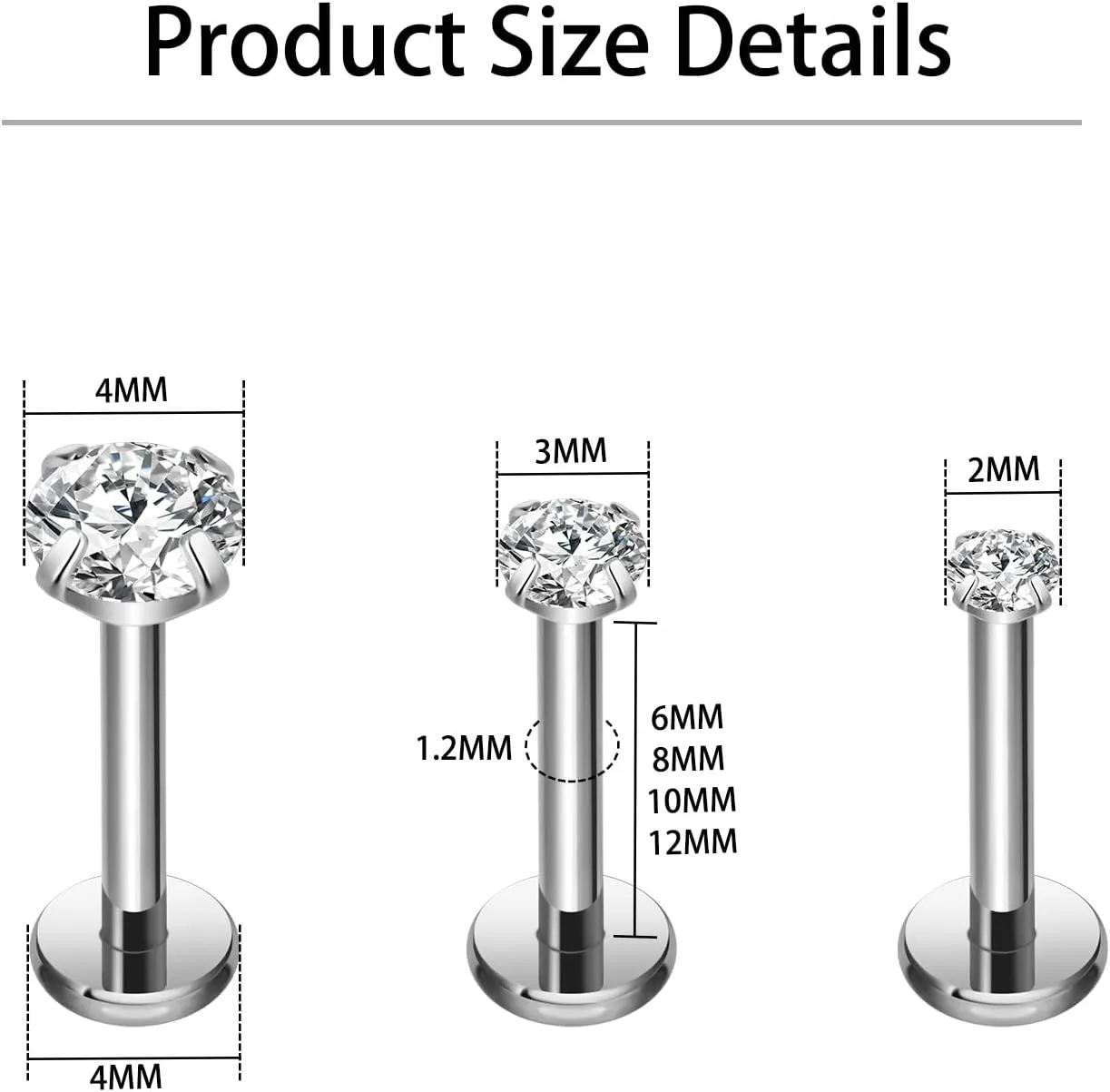 16g G23 Titanium Internal Thread CZ Stud Piercing Jewelry for Tragus/Nose/Helix/Conch/Medusa/Lip/Labret - Helix Tragus Cartilage Earring for Women Men 2PCS