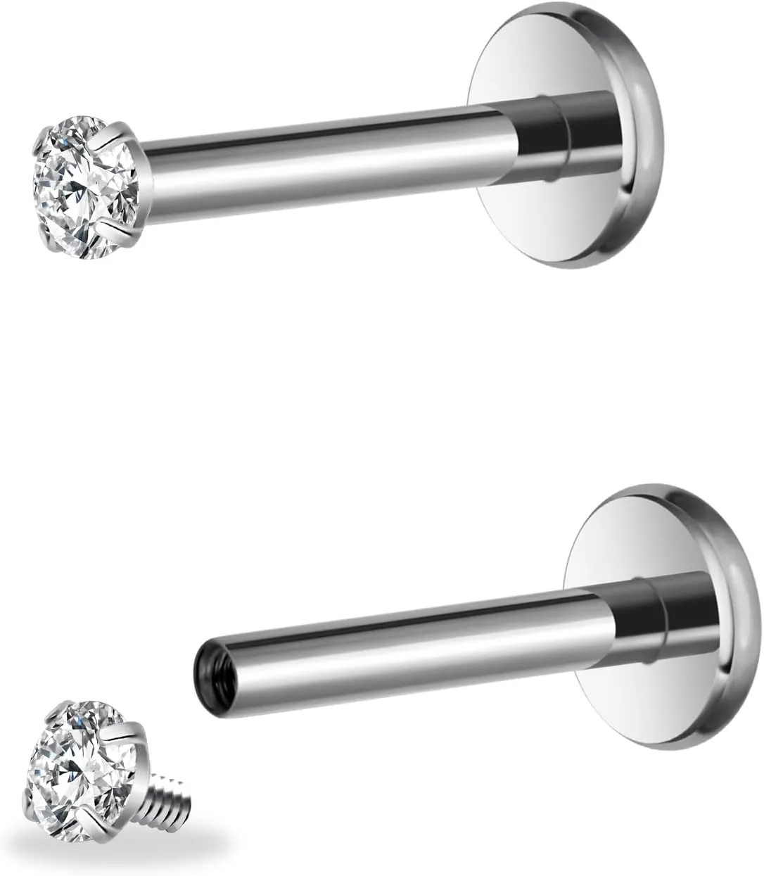 16g G23 Titanium Internal Thread CZ Stud Piercing Jewelry for Tragus/Nose/Helix/Conch/Medusa/Lip/Labret - Helix Tragus Cartilage Earring for Women Men 2PCS
