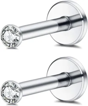16g Surgical Stainless Steel Internally Threaded Micro CZ Gem Top Tragus Helix Labret Nose Lip Stud Cartilage Earrings Piercing Body Jewelry1 Pair 2mm