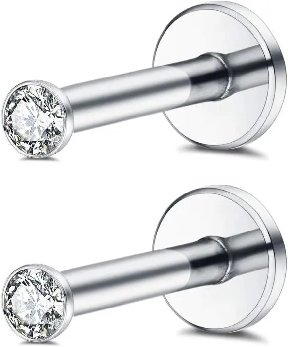 16g Surgical Stainless Steel Internally Threaded Micro CZ Gem Top Tragus Helix Labret Nose Lip Stud Cartilage Earrings Piercing Body Jewelry1 Pair 2mm