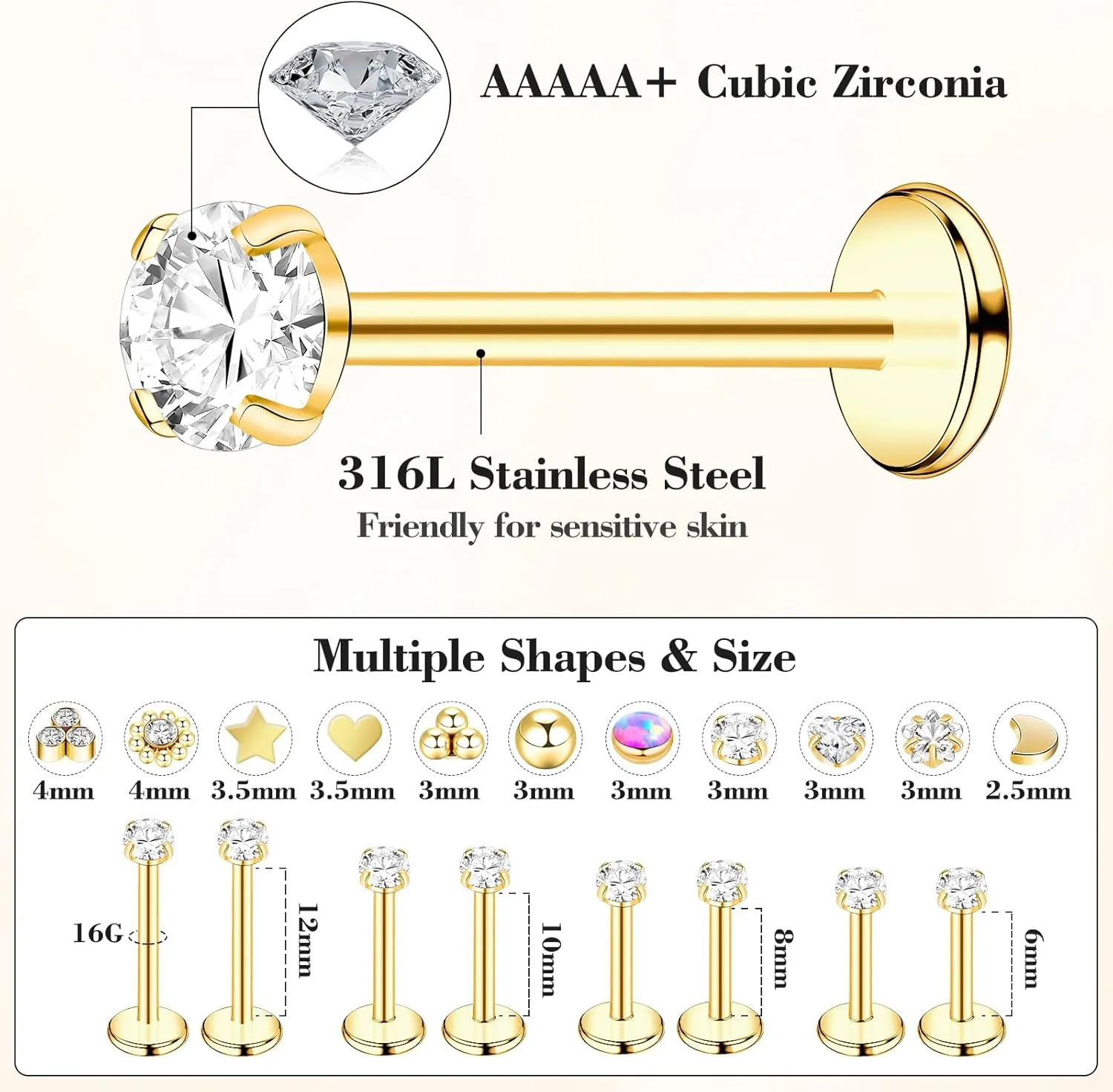 16G Threadless Nose Rings Studs 316L Stainless Steel Flat Back Nose Stud Push in Threadless Flat Back Earrings Cartilage Helix Tragus Piercing Jewelry Nose Pin Studs for Women 6mm 8mm 10mm 12mm
