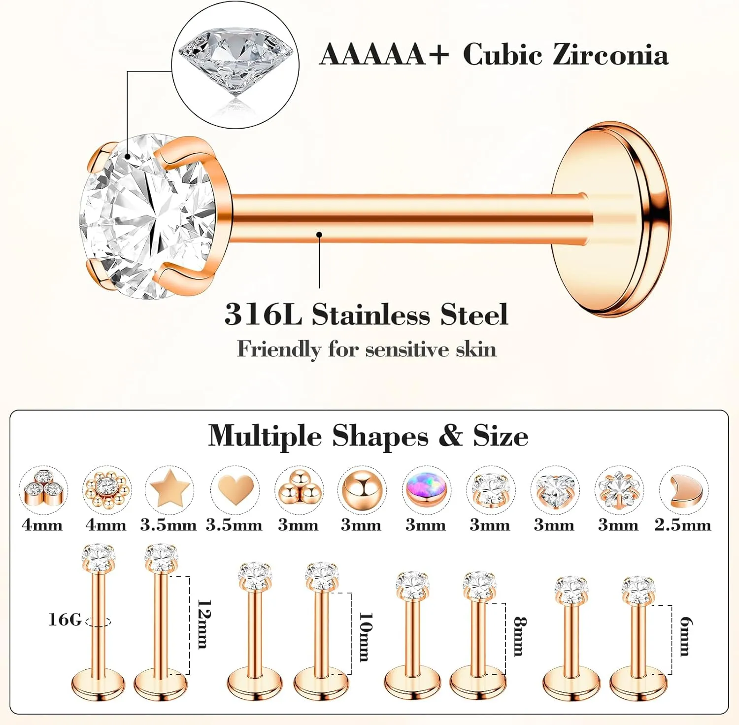16G Threadless Nose Rings Studs 316L Stainless Steel Flat Back Nose Stud Push in Threadless Flat Back Earrings Cartilage Helix Tragus Piercing Jewelry Nose Pin Studs for Women 6mm 8mm 10mm 12mm