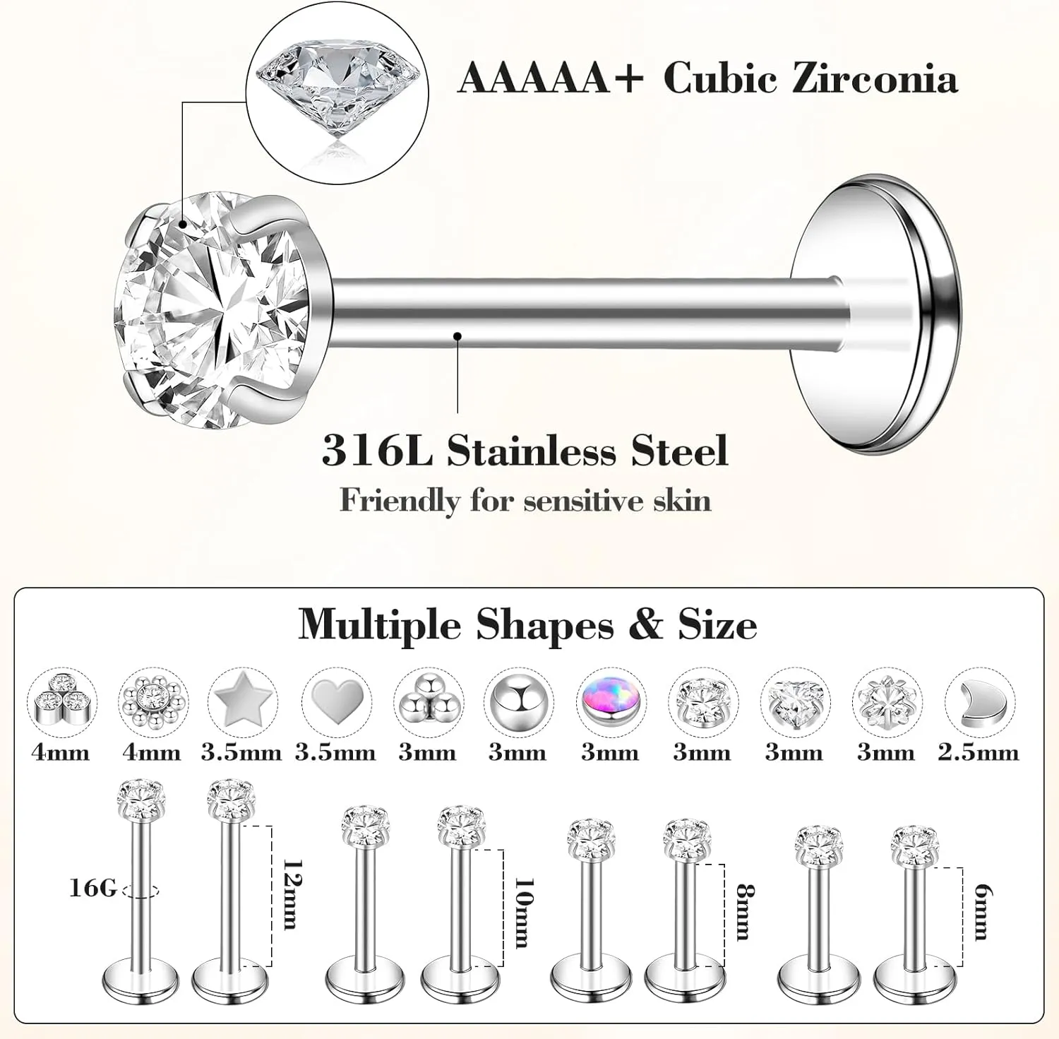 16G Threadless Nose Rings Studs 316L Stainless Steel Flat Back Nose Stud Push in Threadless Flat Back Earrings Cartilage Helix Tragus Piercing Jewelry Nose Pin Studs for Women 6mm 8mm 10mm 12mm